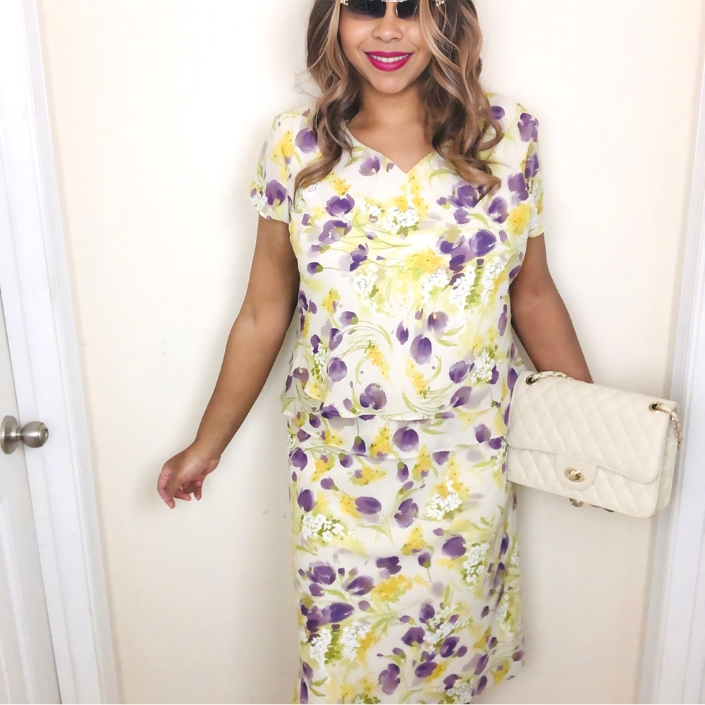 J.B.S. Floral Midi Dress in White, Yellow & Purple